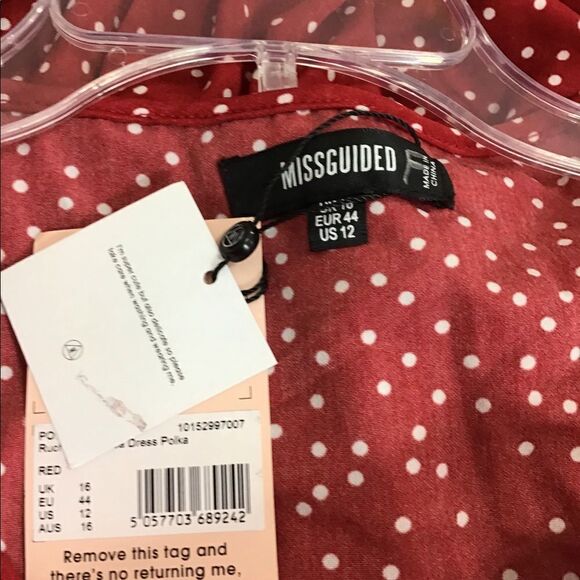 MISSGUIDED Red White Polka Dot Long Sleeve Runched Self Tie Mini Dress NWT Sz 12 - Picture 8 of 9